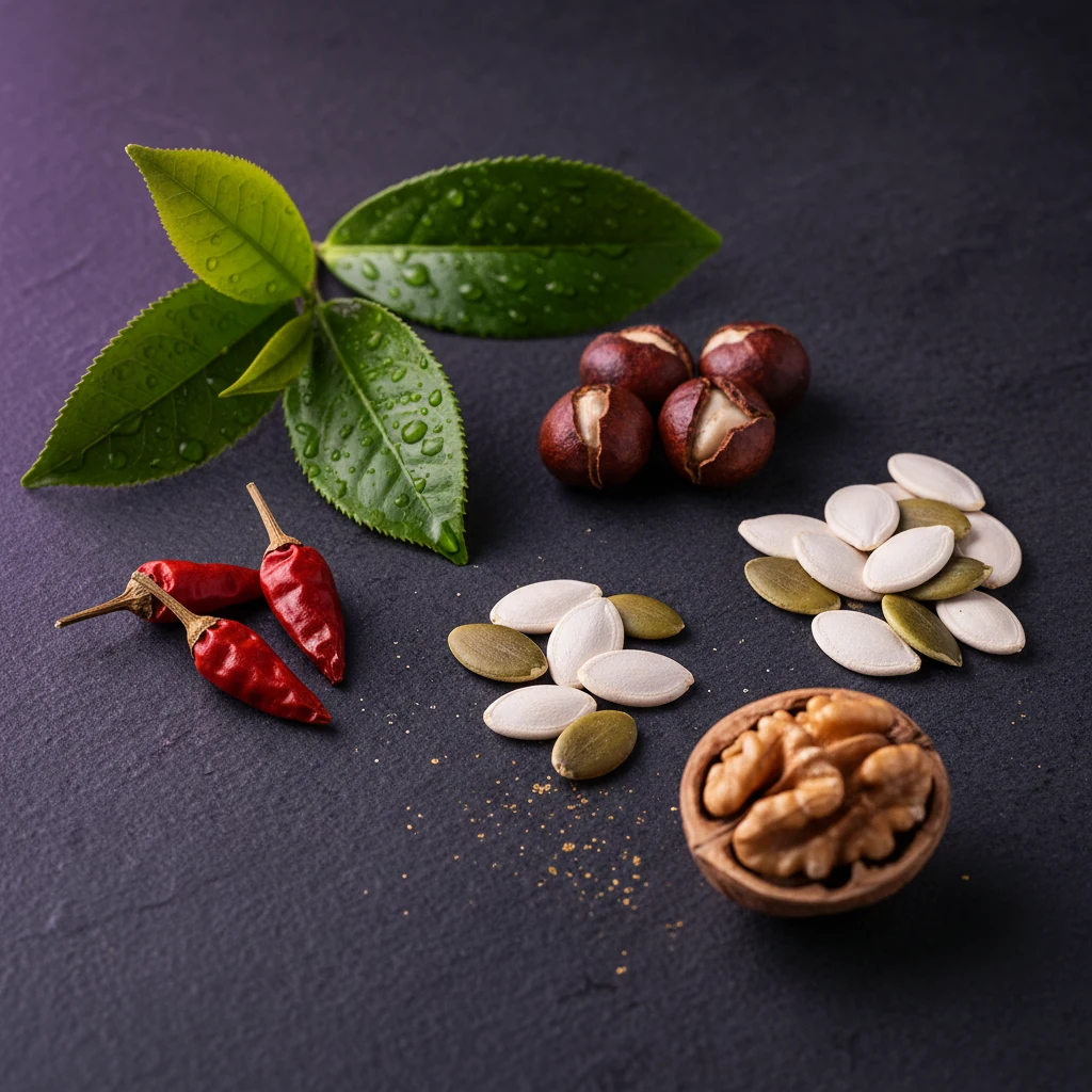 Macro opname botanische extracten voor supplement met guaraná en groene thee