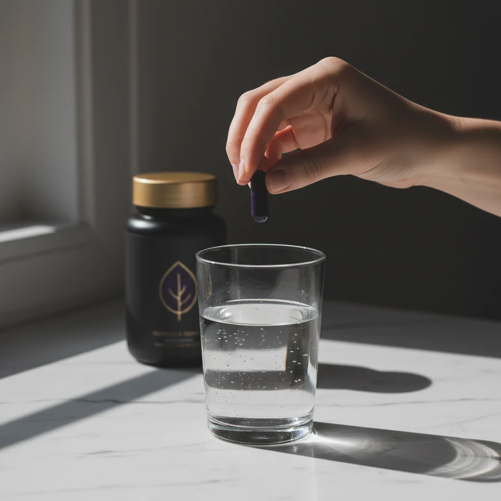 Anonieme handen houden supplement capsule vast bij glas water - dagelijkse routine aanvulling voeding